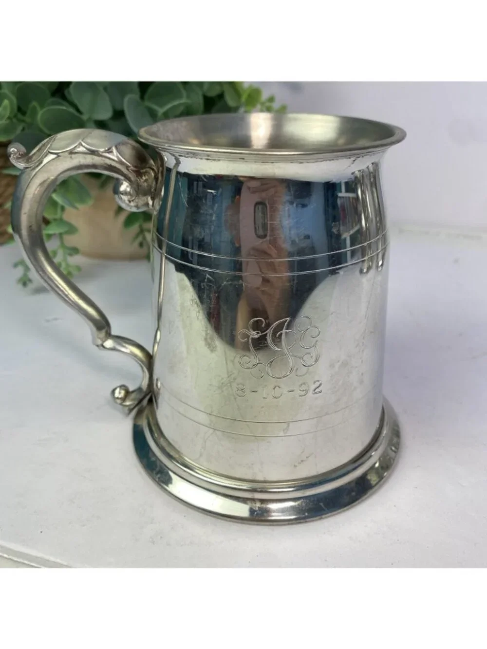 Set Of 5 Vintage Sheffield English Pewter Glass Bottom Tankard Mugs Monogrammed
